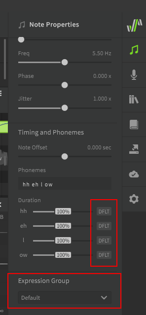 The alternate phoneme buttons and expression groups in the Note Properties panel