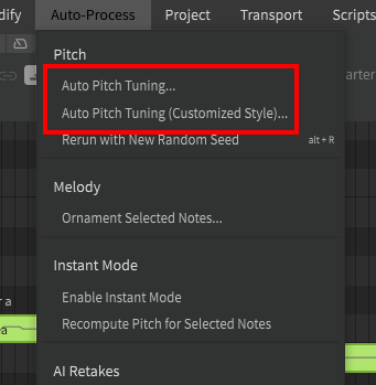 The auto pitch tuning options in the Auto-process menu