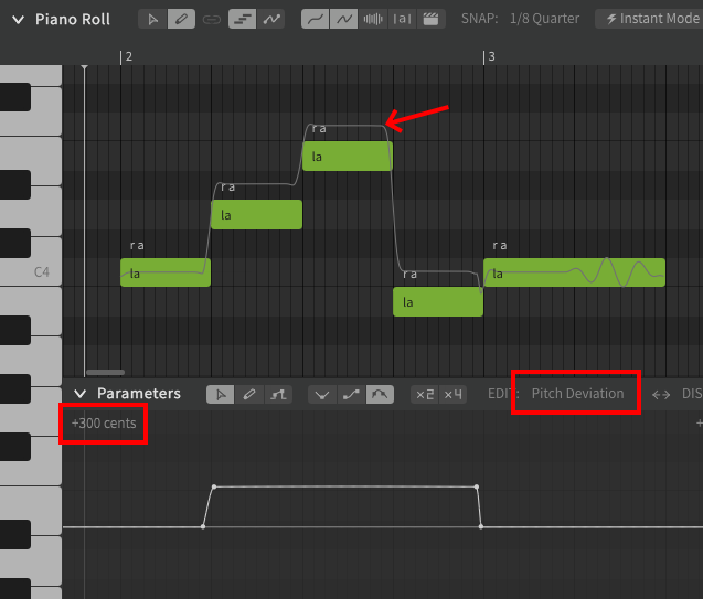 A simple pitch bend increasing the pitch of notes by 1 semitone.