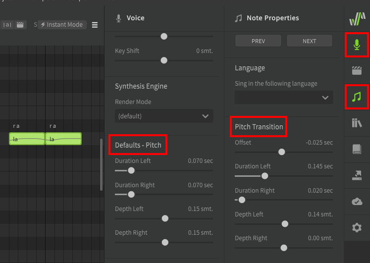 Default and note settings for pitch transitions